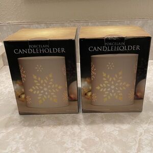 Set of 2 NIB Porcelain Candleholder 5 1/2 inch tall, Snowflake design - Costco